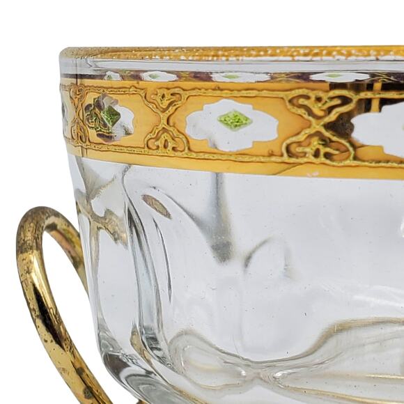 French Glass Condiment Bowls Arcoroc Valencia Gilded Green Hollywood Regency - Picture 5 of 16